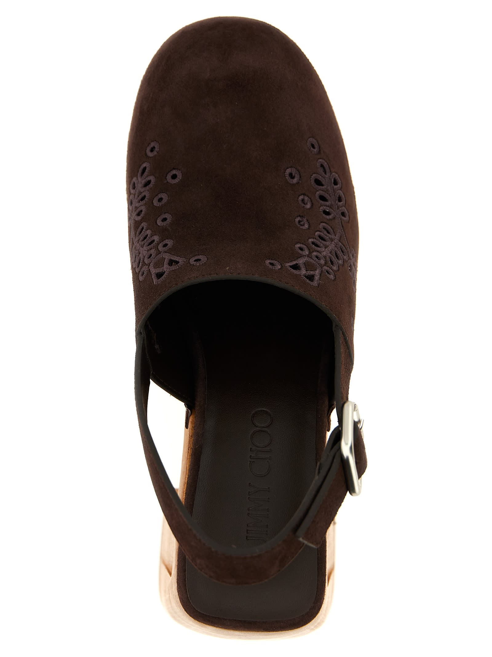 Jimmy Choo Chunky Heel Embroidered Studded Clog In Brown