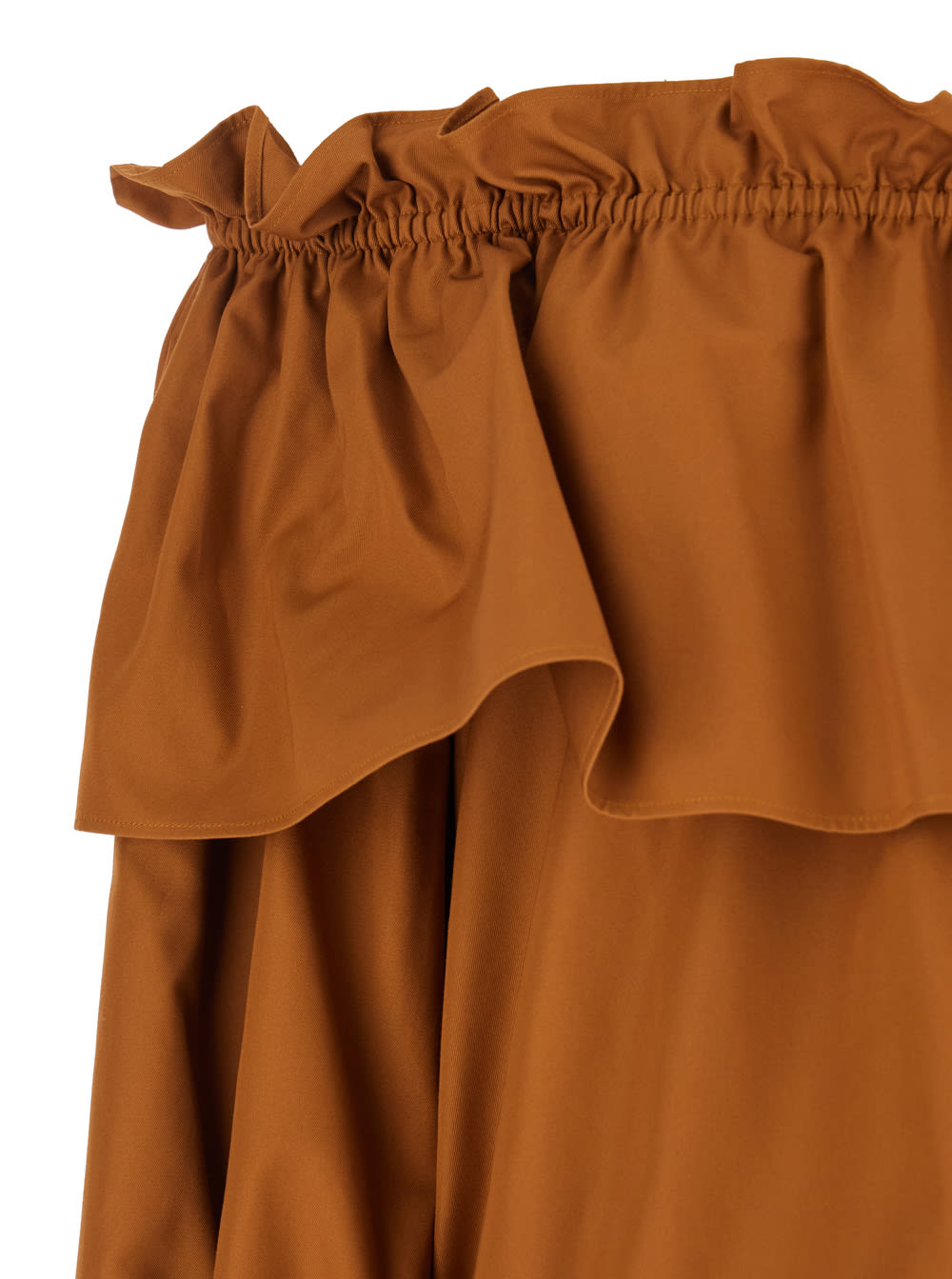 Saint Laurent Brown Ruffle Dress With Bare Shoulders In Cotton Twill Woman In Brown