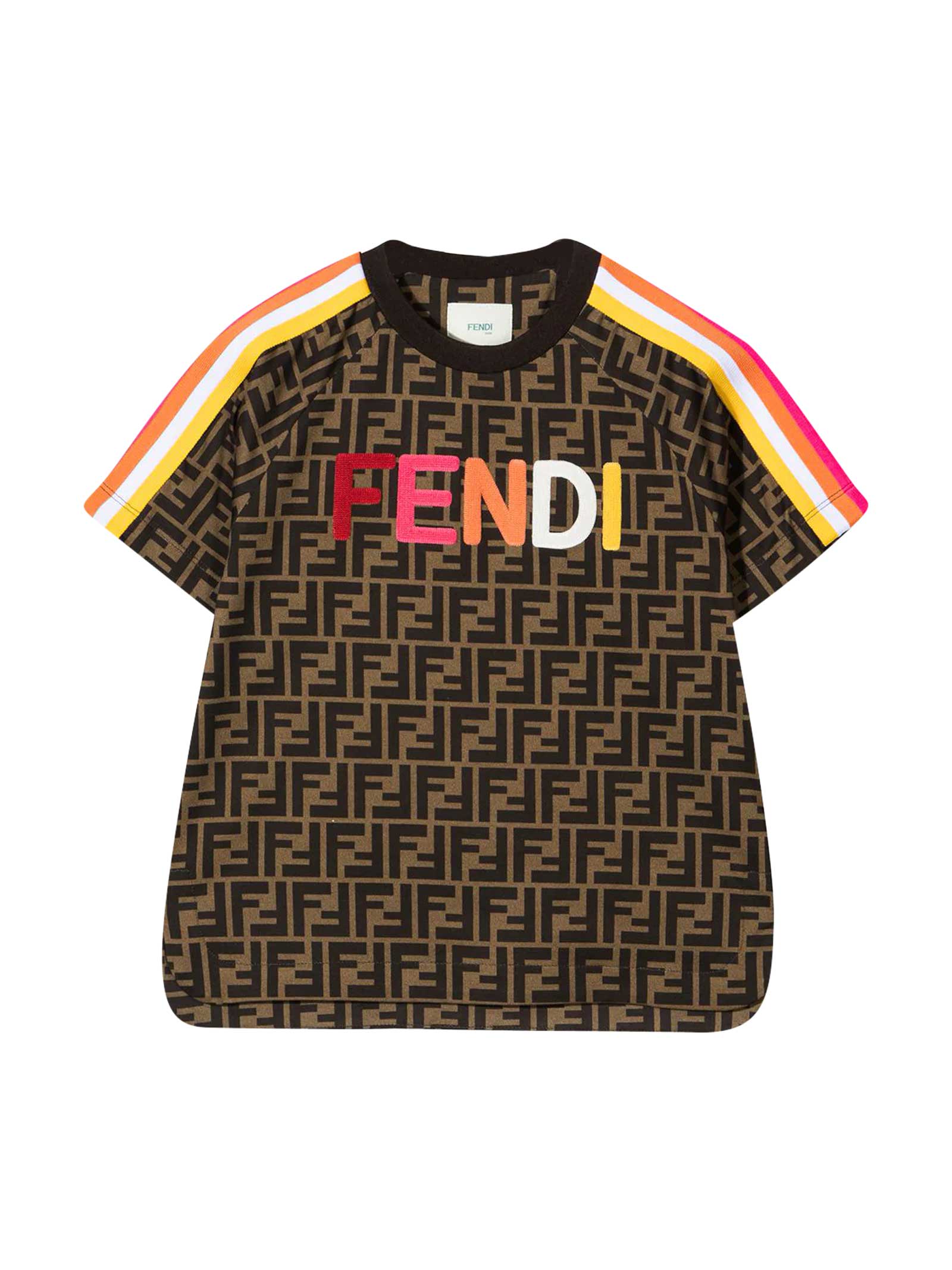 Shop Fendi T-shirt With Logoed Texture And Multicolor Applications In Rosa