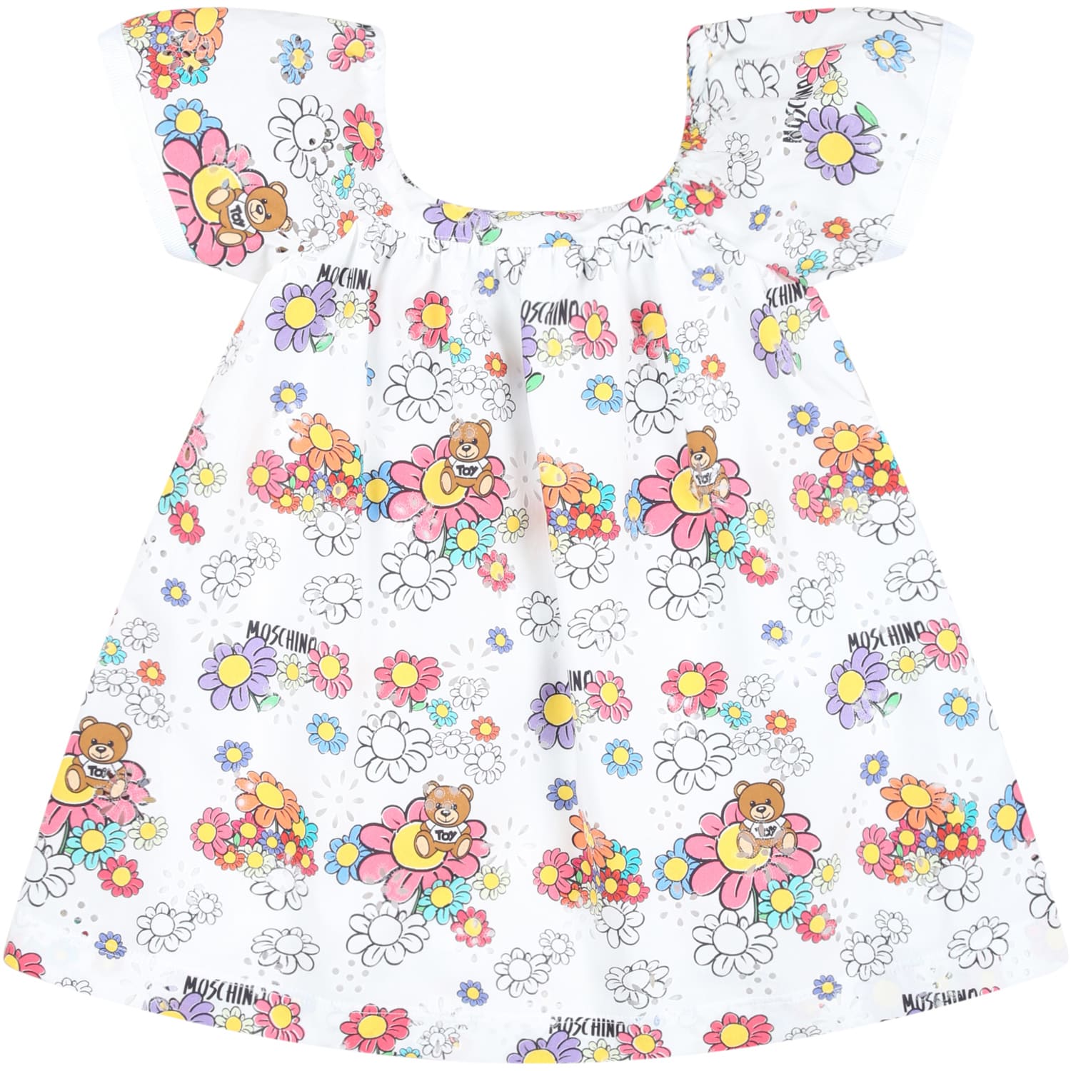 Shop Moschino White Dress For Baby Girl With Teddy Bear And Flowers