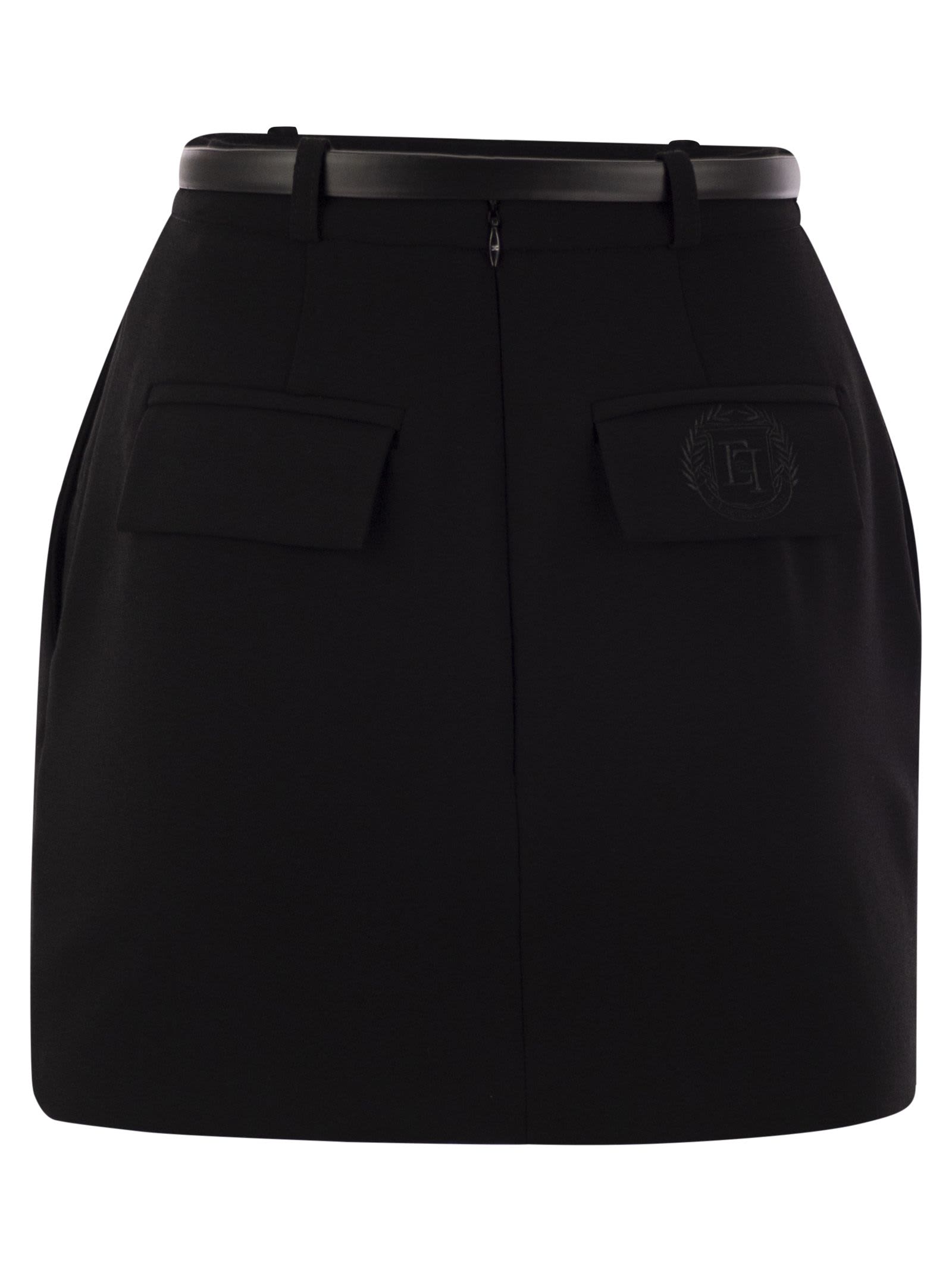 Shop Elisabetta Franchi Crepe Miniskirt With Belt And Embroidery In Black