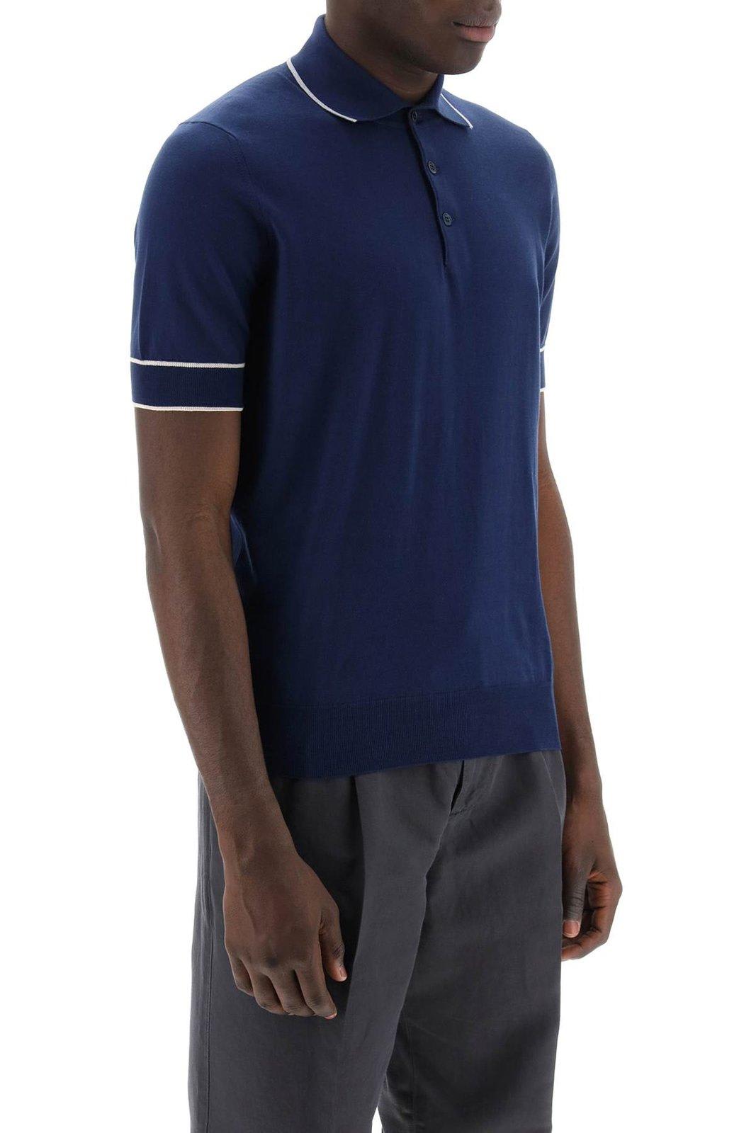 Shop Brunello Cucinelli Knitted Short-sleeved Polo Shirt In Prussia