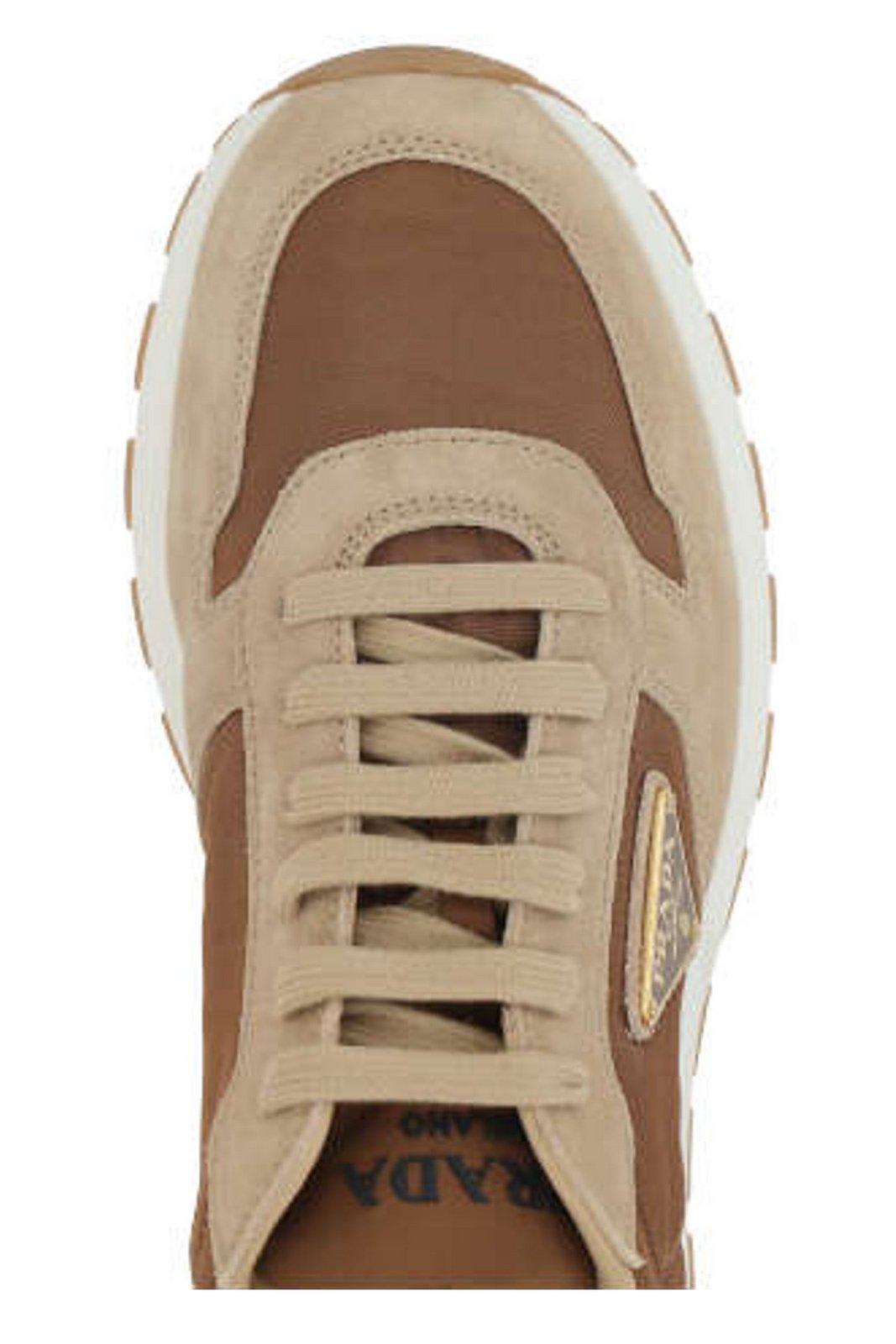 Shop Prada Enamel-triangle Lace-up Sneakers In Ecru+corinto