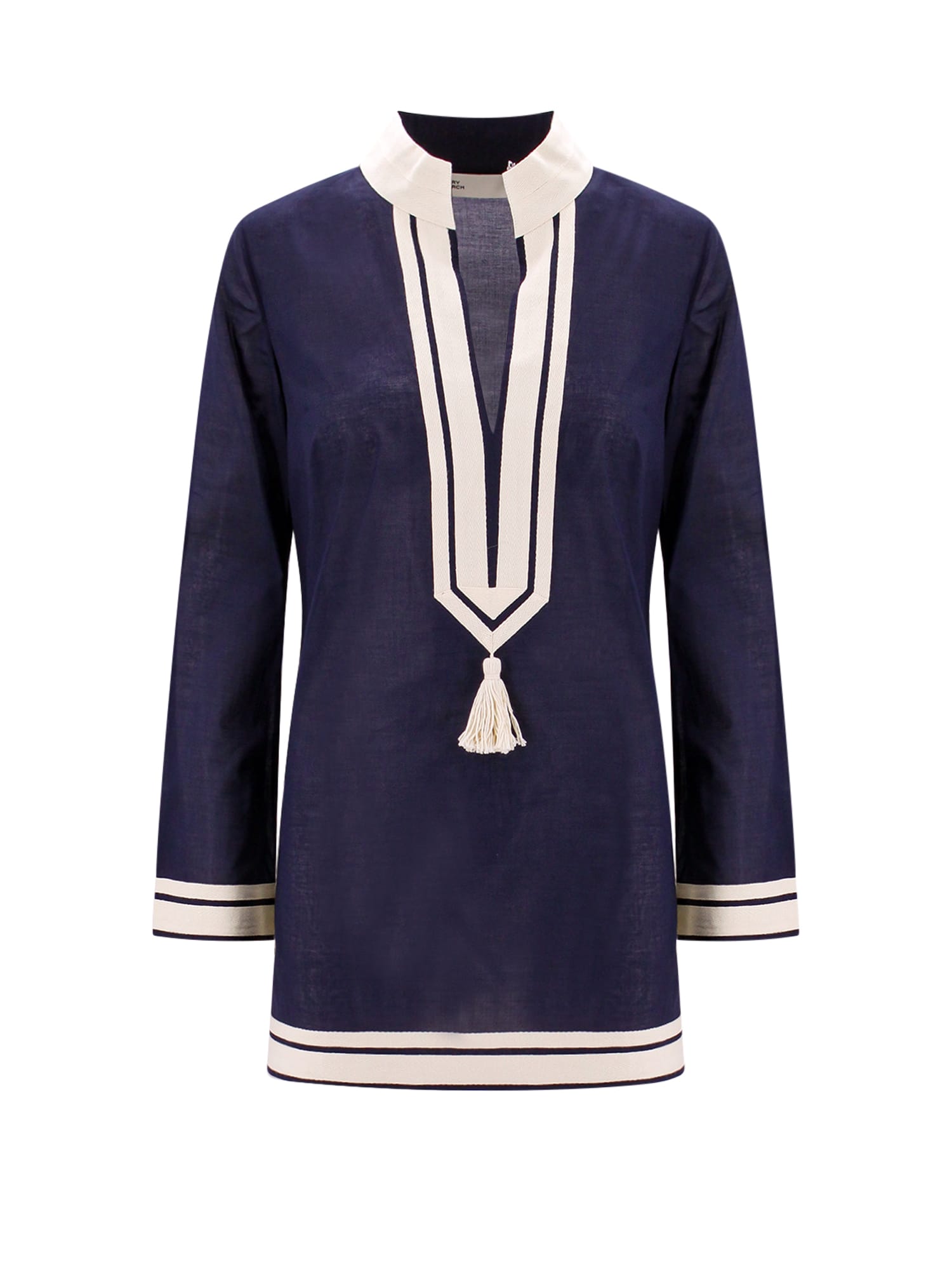 Tory Burch Blue Tunic With Contrasting Details And Tassel In Blue