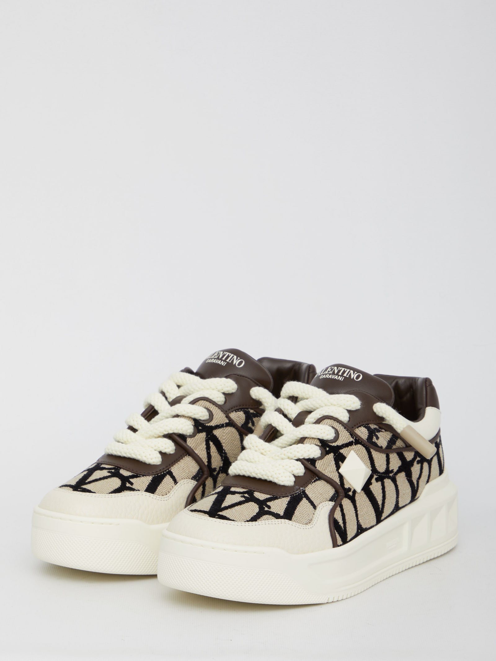 Shop Valentino Low-top One Stud Xl Sneakers In Beige