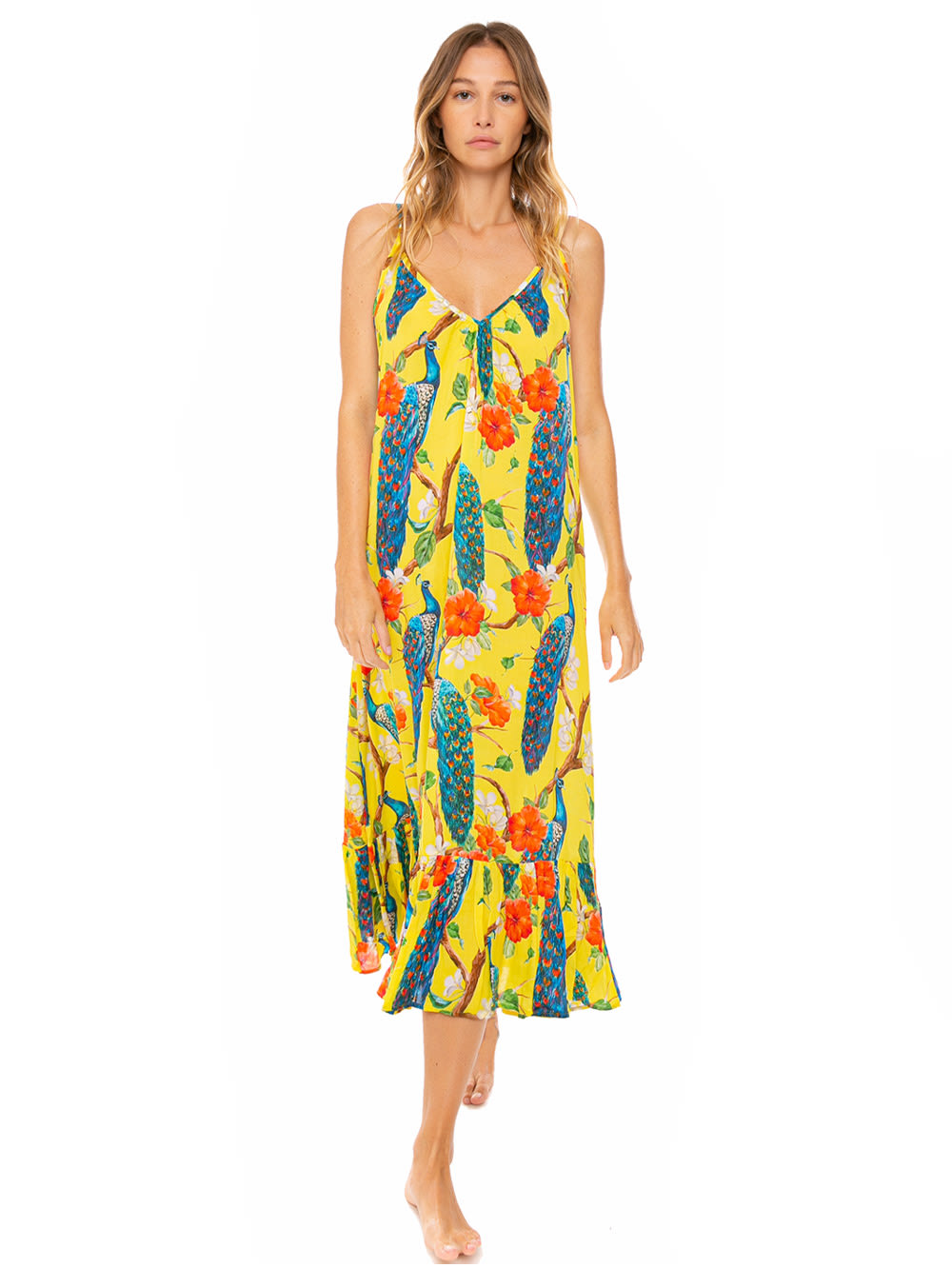 MC2 Saint Barth Peacock Print Gown With Shoulder Straps