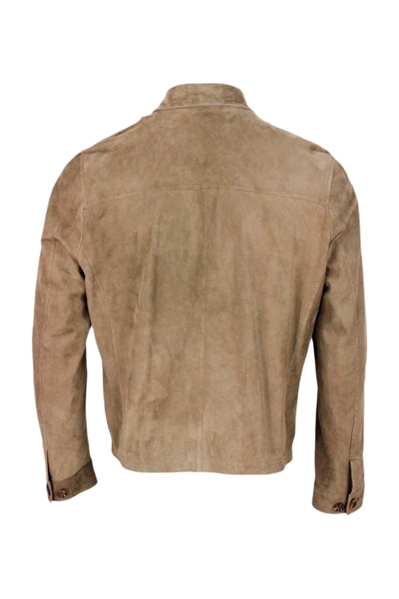 Shop Kired Lightweight Unlined Jacket In Very Soft Suede With Shirt Collar And Zip Closure In Beige - Dove