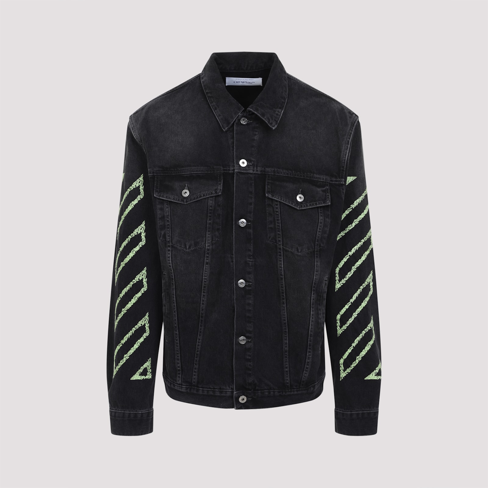 Off-white Diagonal Arrow Outline Embroidered Denim Skate Jacket In Vintage Black