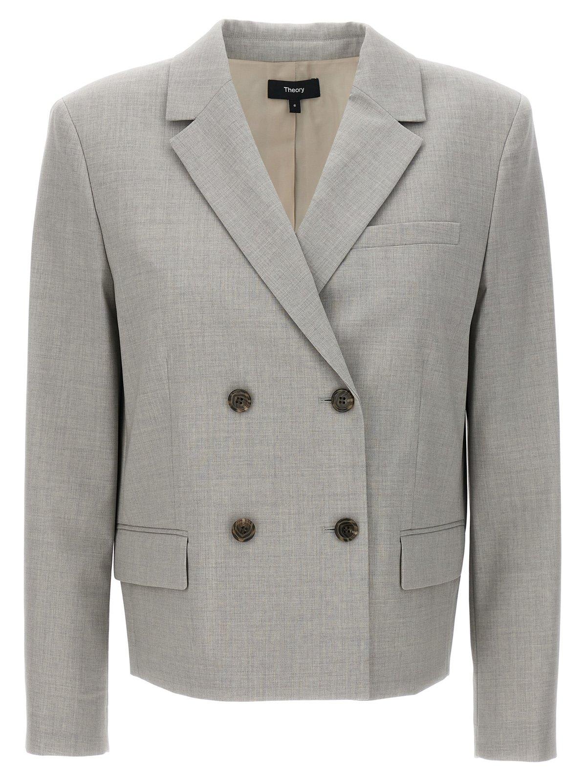 Shop Theory Double-breasted Cropped Tailored Blazer In Grey