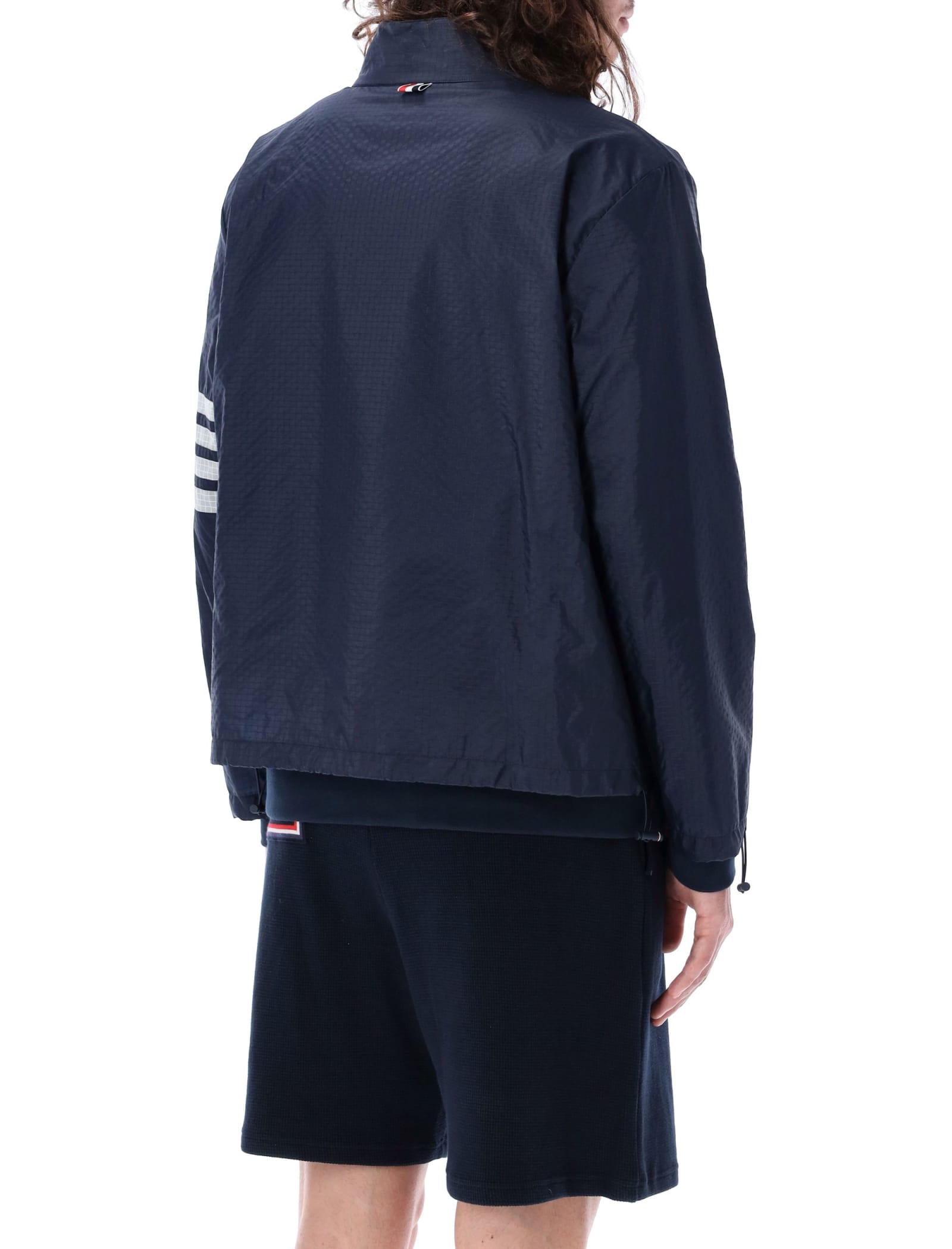 Shop Thom Browne Funnel Neck Jacket With 4 Bars In Navy