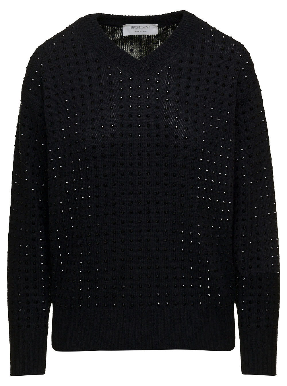 Shop Sportmax Black Sweater With V Neckline And All-over Rhinestone In Wool Blend Woman