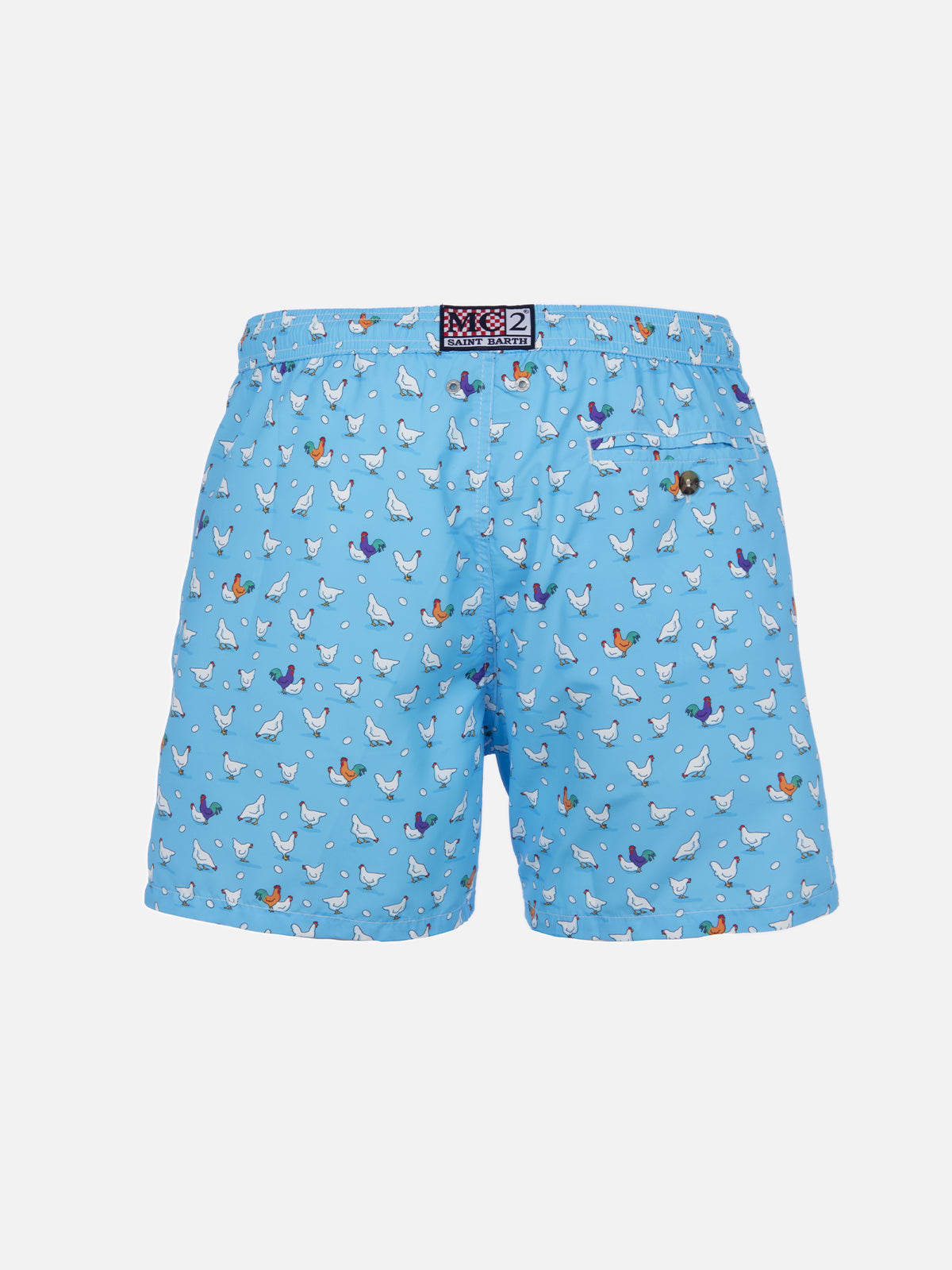 Mc2 Saint Barth Man Lightweight Fabric Swim-shorts Lighting Micro Fantasy With Rooster Print In Sky