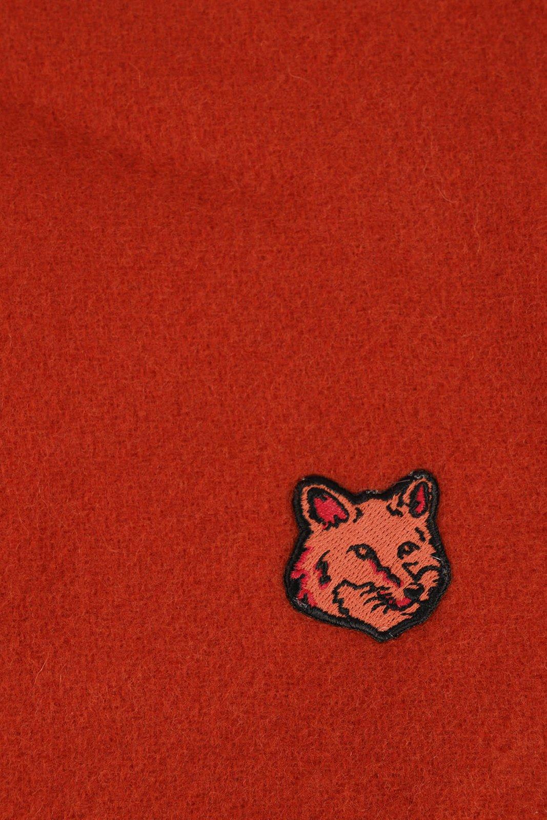 Shop Maison Kitsuné Logo Patch Fringed Knit Scarf In Burnt Red/rust