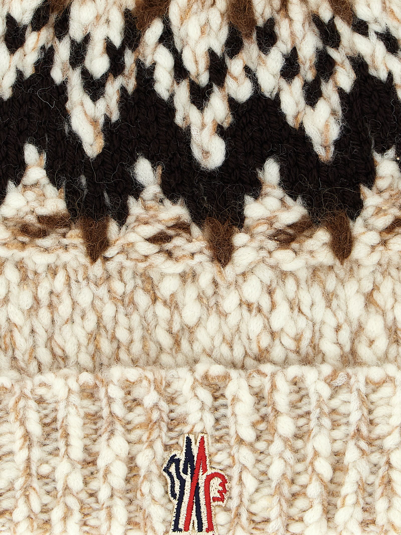 Moncler Beige Brown Geometric Pattern Beanie Hat In Multi