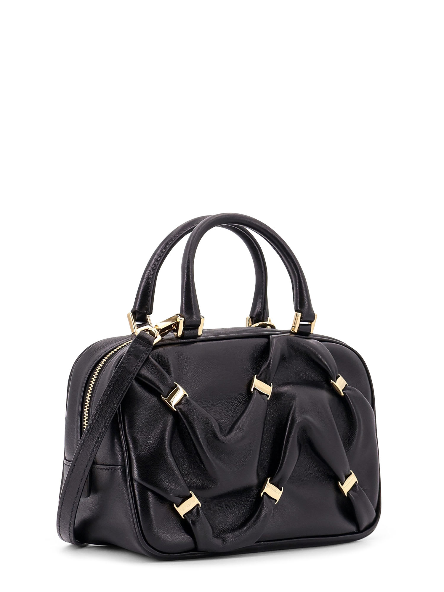Ferragamo Leather Handbag With Draped Details Secured By Mini Vara Bows In Black