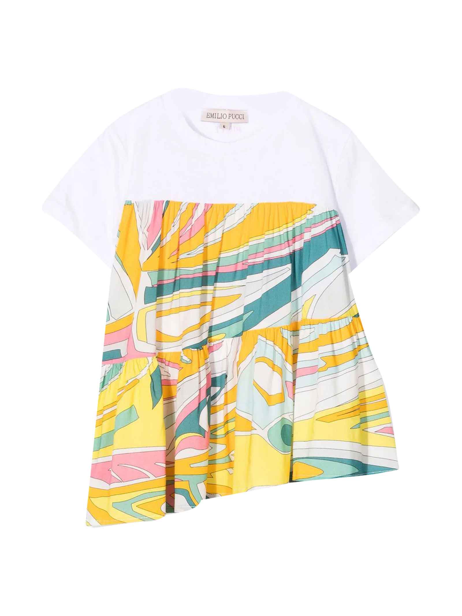 Emilio Pucci T-shirt With Asymmetrical Hem Girl Abstract Pattern, Gathered Detail, Flounced Skirt, Asymmetrical Hem, Round Neckline And Short Sleeves.