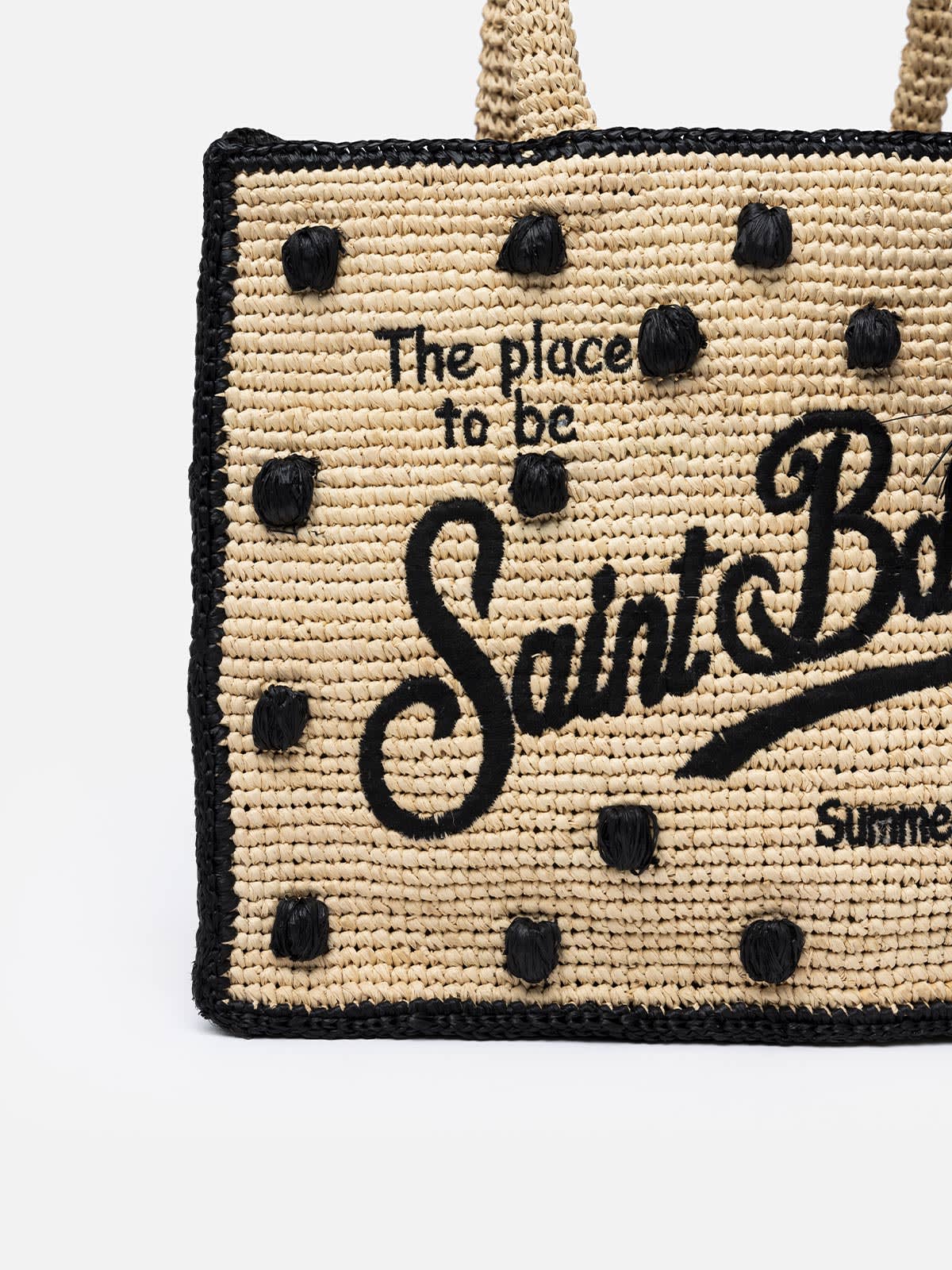 Shop Mc2 Saint Barth Natural Beige Colette Raffia Handbag With Polka Dot Appliqués In Black