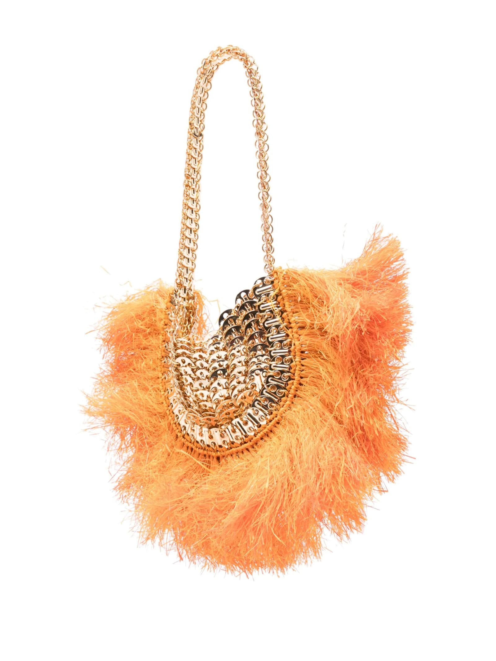 Shop Rabanne Gold 1969 Moon Bag With Orange Fringes