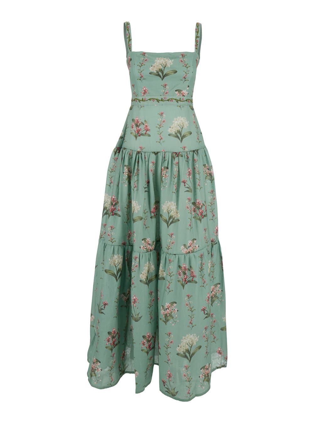 lima Green Long Dress With All-over Floral Print In Linen Woman