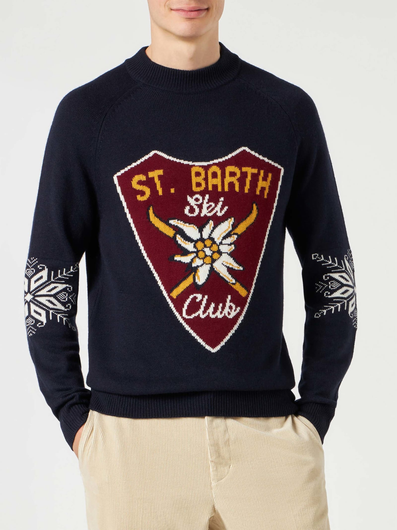 Shop Mc2 Saint Barth Man Half-turtleneck Sweater With Alpine Jacquard Print In Blue