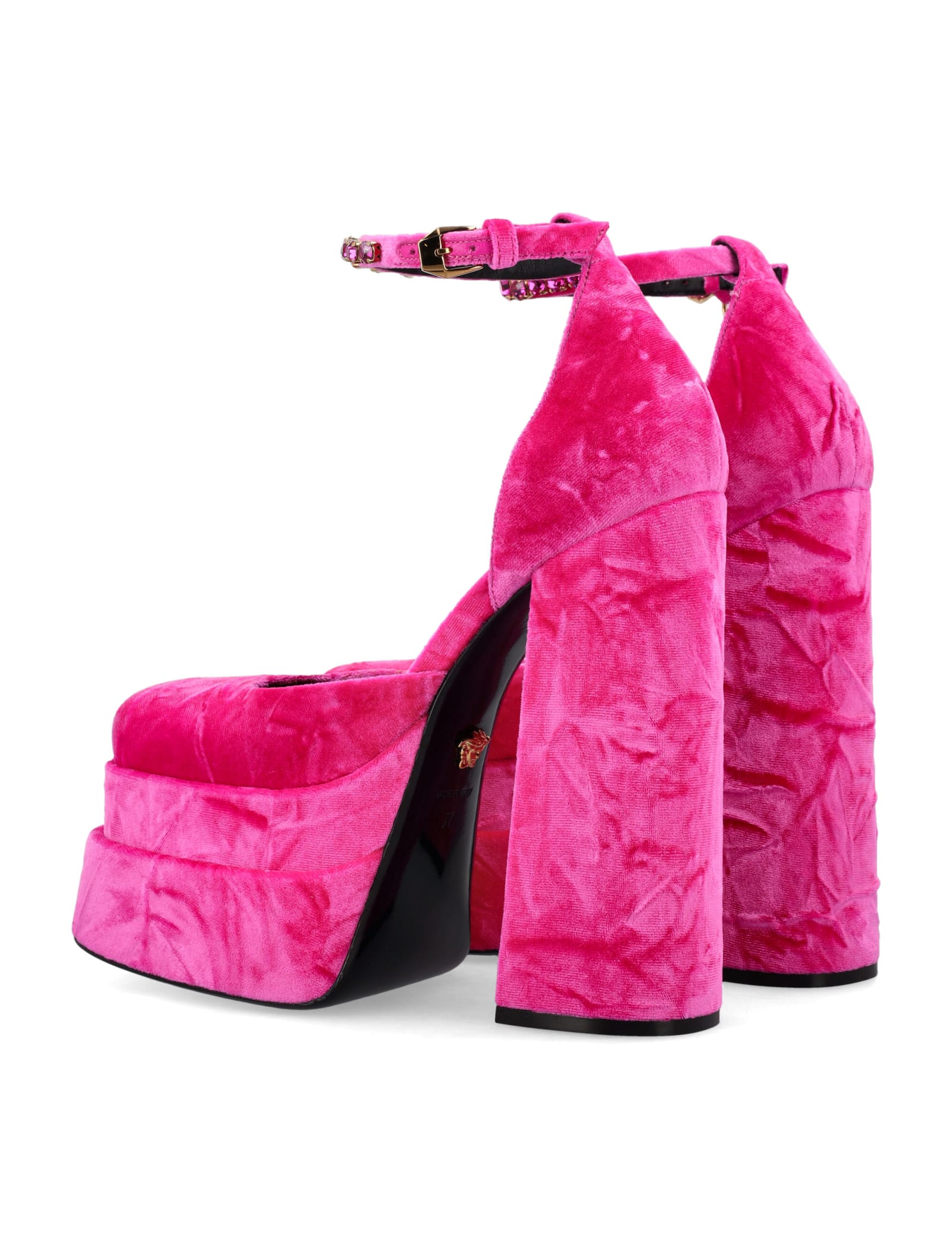 Versace Medusa Aevitas Velvet Platform Pumps In Glossy Pink