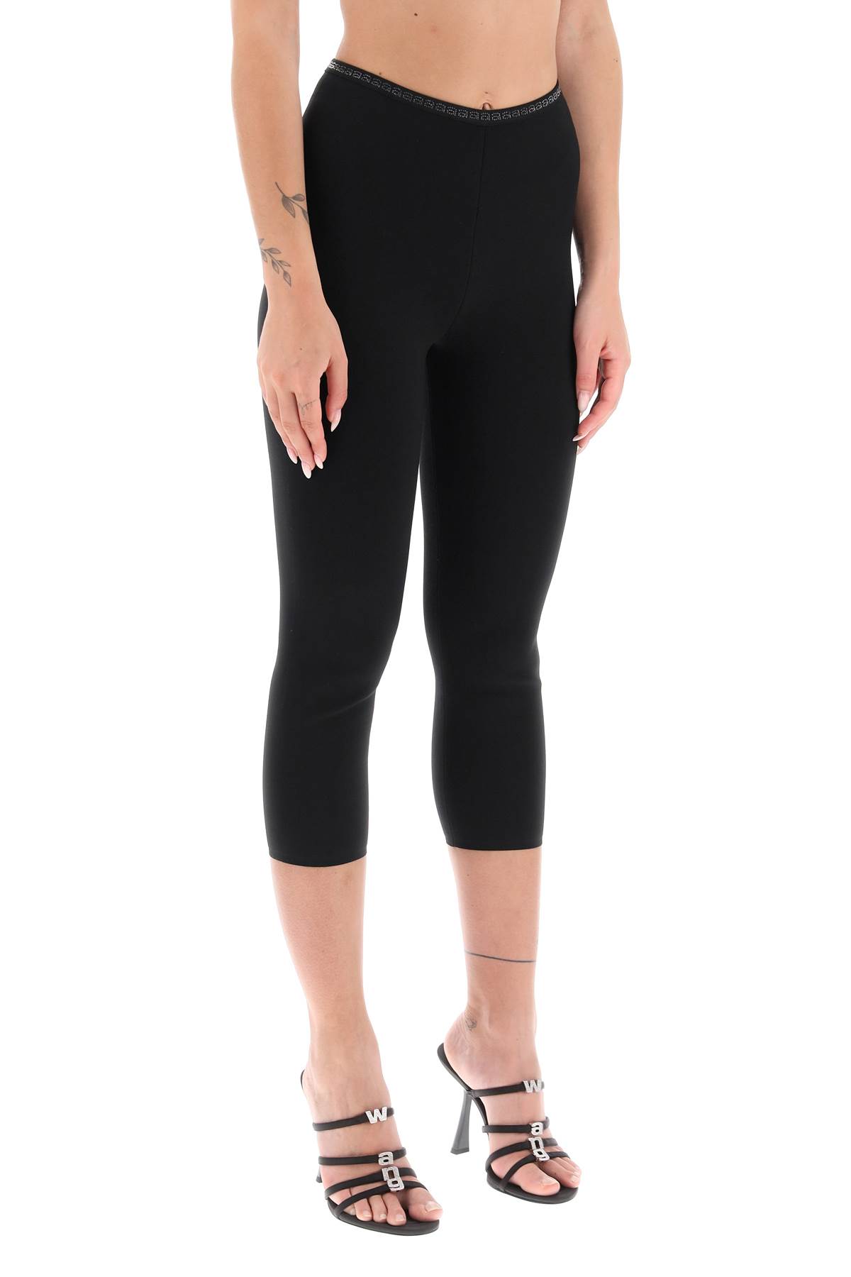 Shop Alexander Wang Cropped Leggings With Crystal-studded Logoed Band In Black (black)